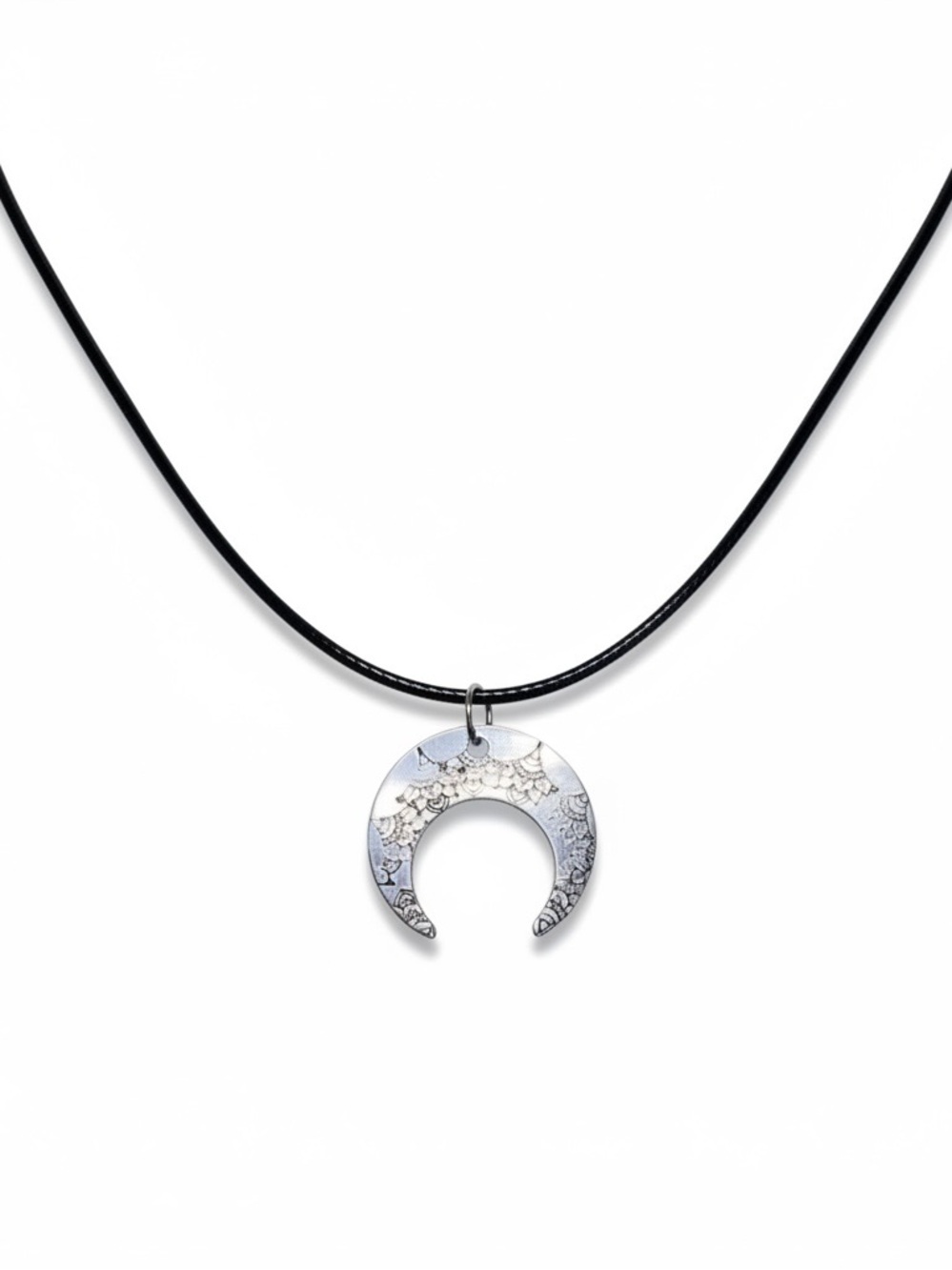 Handmade stamped floral crescent moon silver adjustable‎ black leather necklace